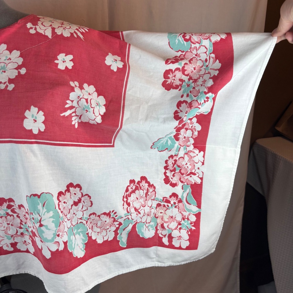 OS Plus Vintage Handmade Floral Tablecloth Caftan Top Red Wht Turquse Split Neck - Picture 6 of 14